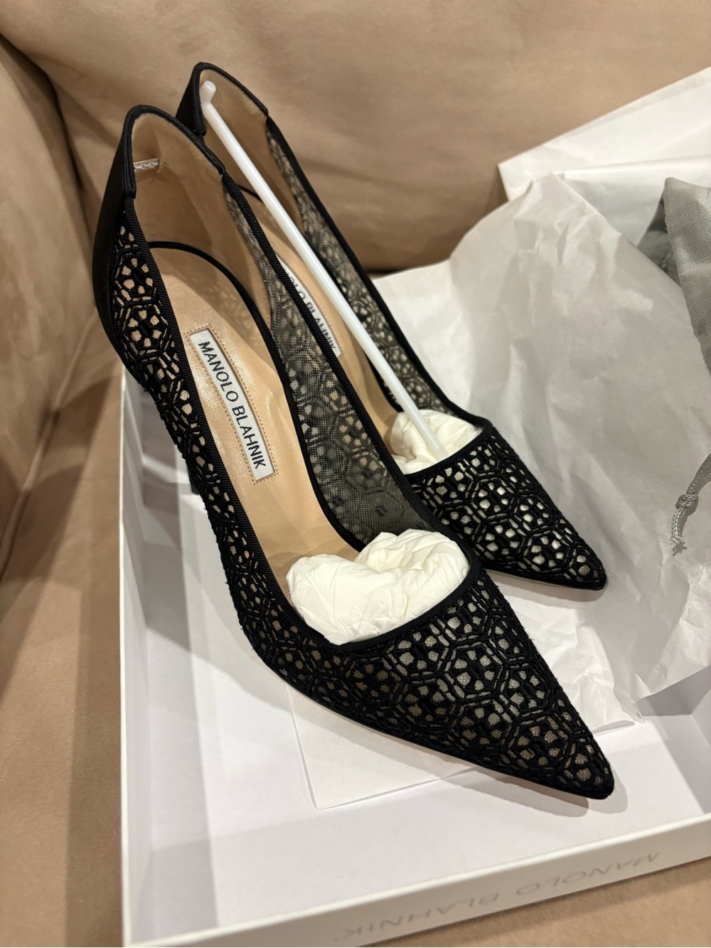 Manolo Blahnik Black Lace Pointed-Toe Pumps — Intricate Cutwork